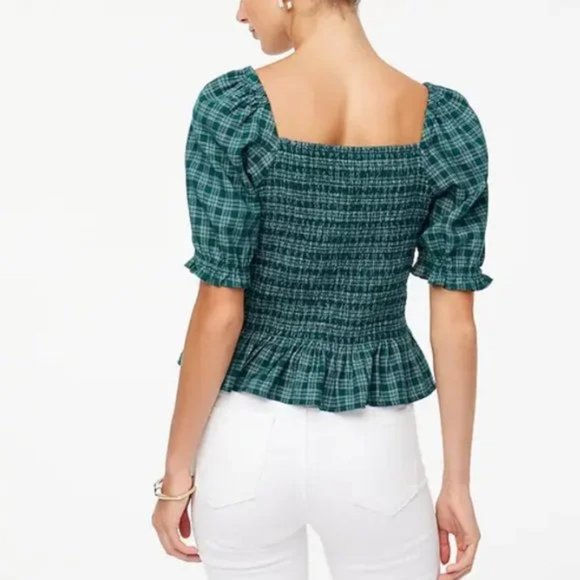 NWOT J.Crew Factory Green Plaid Short Sleeve Flannel Smocked Top - Picture 3 of 9